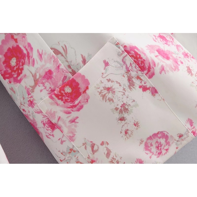 Autumn Pink Flower Print Blazer White Vintage Women Notched Long sleeve one button Loose Suit Back Slit Casual Coat Outwear 210429
