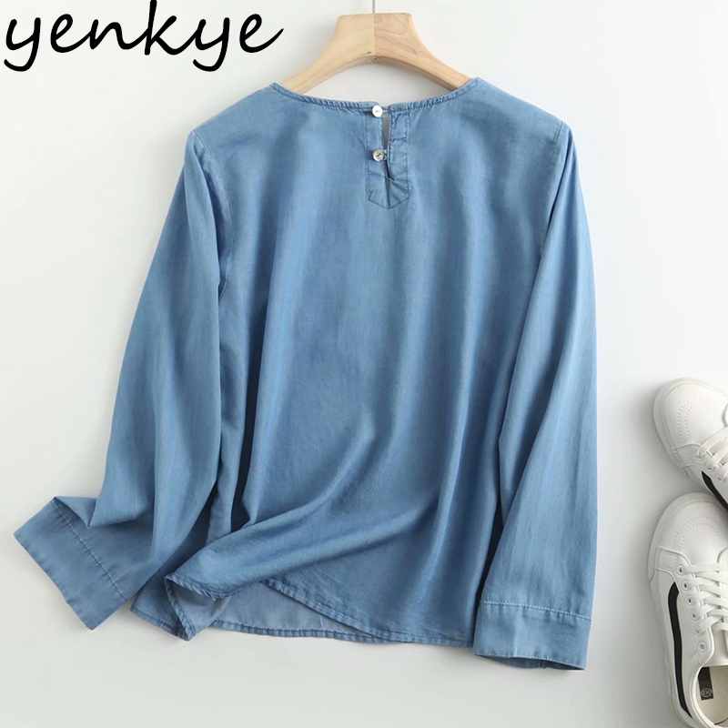 Floral Embroidery Vintage Blue Denim Blouse Women O Neck Long Sleeve Casual Loose Summer Tops Plus Size blusas 210430
