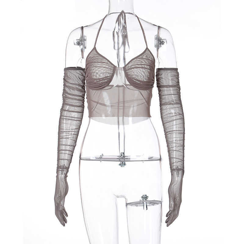 Colysmo Mesh Crop Top with Gloves See Through Cut out V Neck Tie up Ruched Halter Sexy Clubwear Women Chic Summer Tank 210527