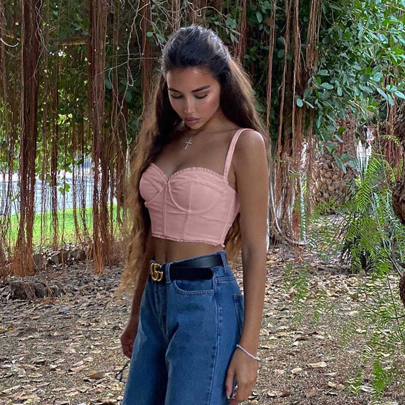 Asia Underwire Mesh Corset Women Sexy Boned Push Up Padded Crop Tops Summer Ruffles Back Single-Breasted Bustier Pink 210625