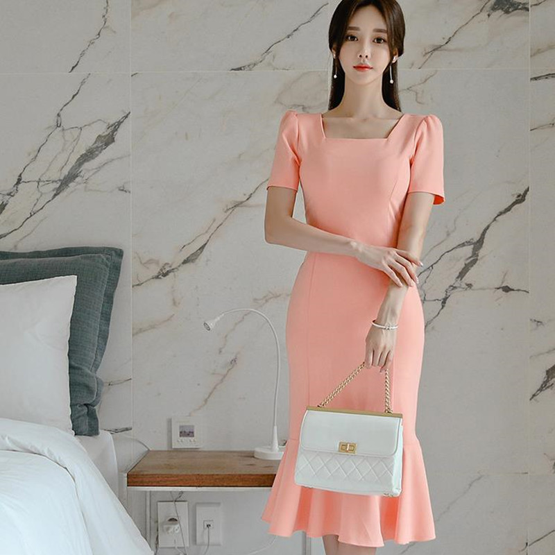 OL Summer Dress Women Elegant Short Sleeve Square Collar Package Hip Sexy Party Fishtail Dresses Plus Size 210421