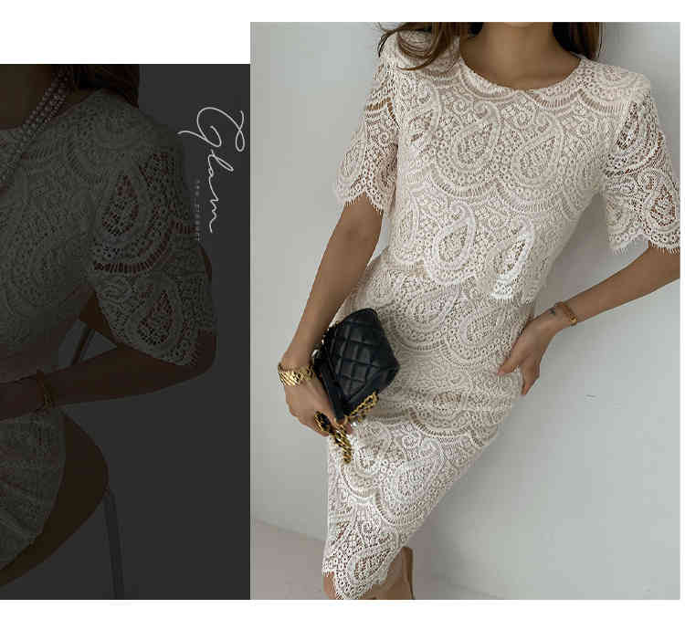 Korean Elegant White Lace Pencil Bodycon Dress Women Summer Office OL Sexy Short Sleeve Slim Vestidos 210519