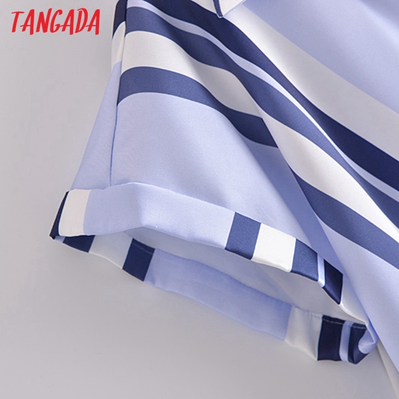 Women Blue Striped Print Summer Blouse Short Sleeve Chic Female Crop Shirt Blusas Femininas JE17 210416