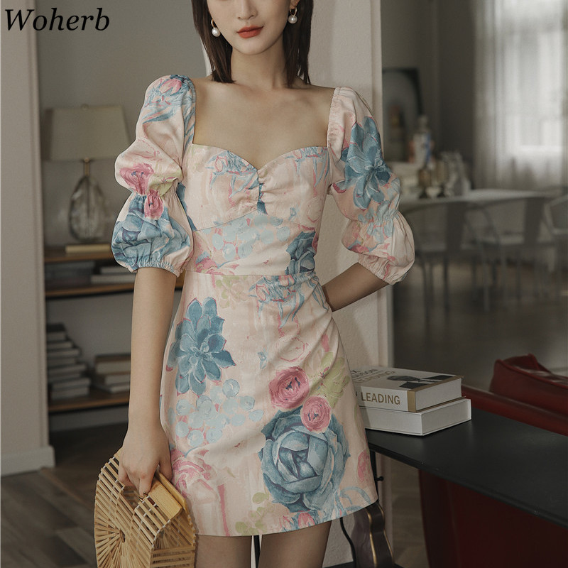 Square Collar Mini Dresses Woman Vintage Puff Sleeve Slim Dress Summer All Match Floral Print Robe Elegante Vestidos 210422