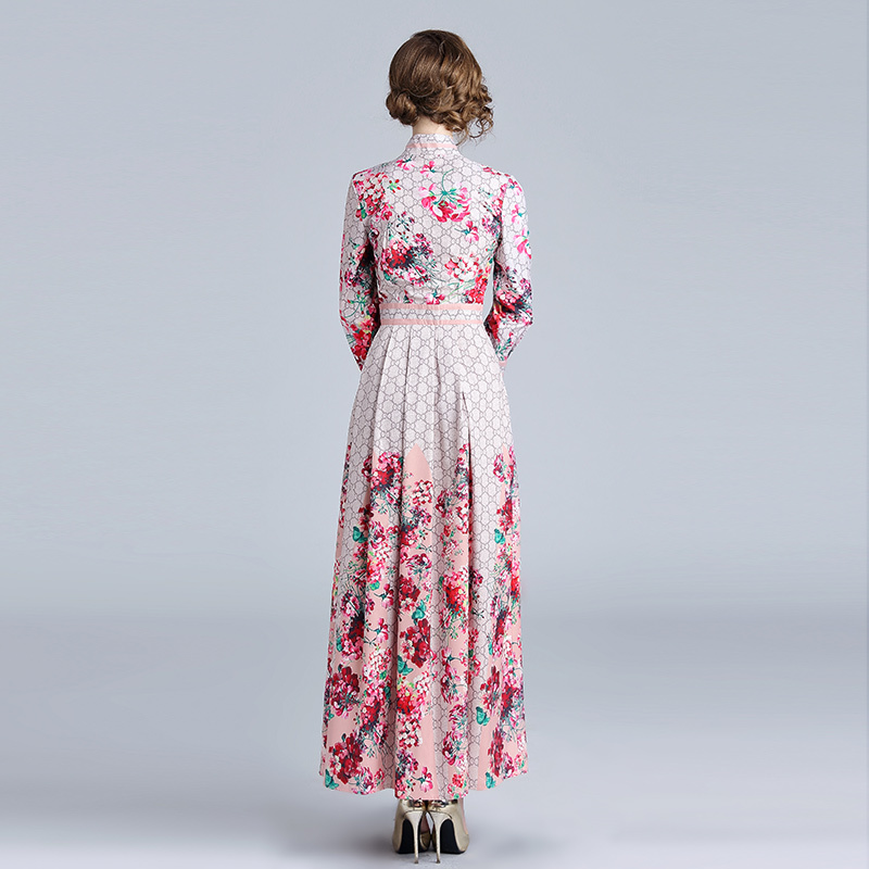 Spring Summer Fall Runway Floral Print Long Dress Ribbon Tie Neck Long Sleeve Women Party Casual Holiday Boho Maxi Dress 210409