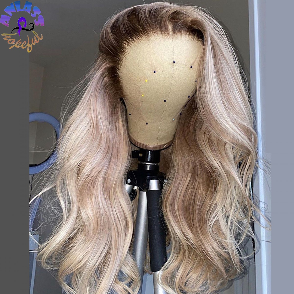 Ash Blonde Lace Front Wig With Brown Roots Heat Resistant Synthetic Ombre Body Wave Wigs For Black Women