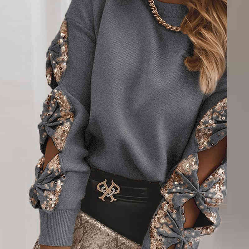 Sexy Hollow Out Bowknot Sequined Tops Shirt Women Casual O Neck Patchwork Loose Blouse Spring Autumn Long Sleeve Pullover Blusa, White
Sexy Hollow Out Bowknot Sequined Tops Shirt Women Casual O Neck Patchwork Loose Blouse Spring Autumn Long Sleeve Pullover Blusa, White