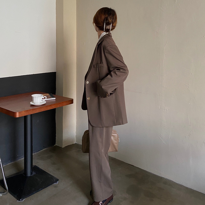 Fashion Vintage Blazer Pants Suit OL Elegant Business Wear Blazers + High Waist Wide Leg Suits 2 Piece Set 210421