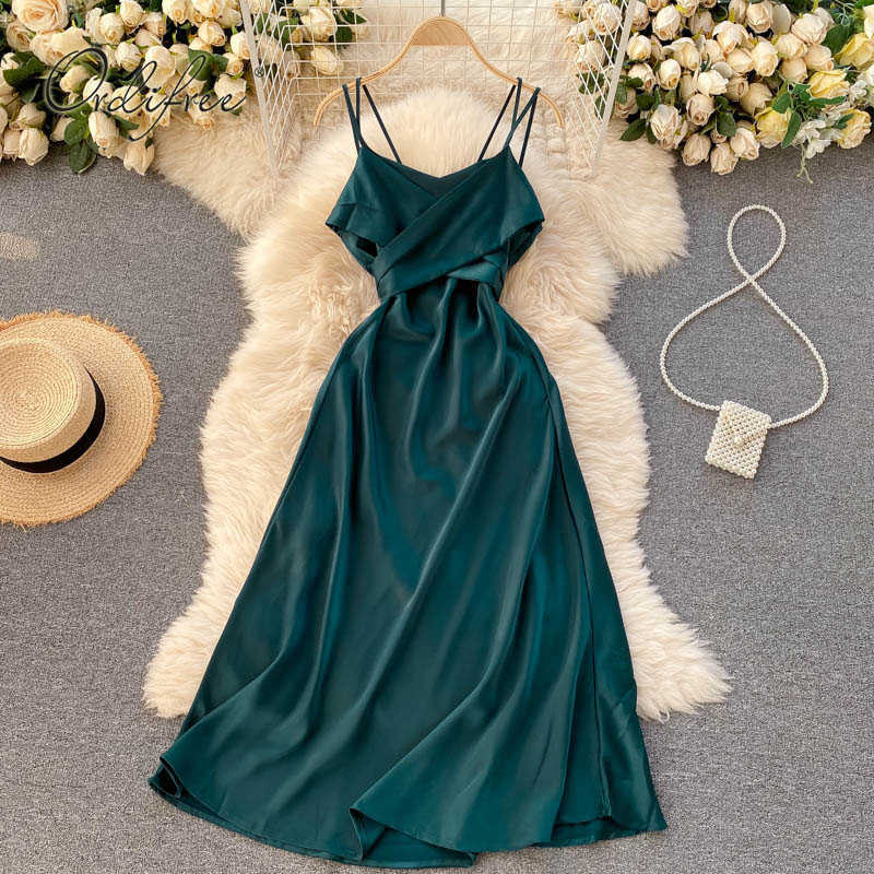 Ordifree Summer Women Satin Slip Dress Backless Spaghetti Strap Bow Tunic Belted Elegant Vacation Sexy Party Midi Dress 210630