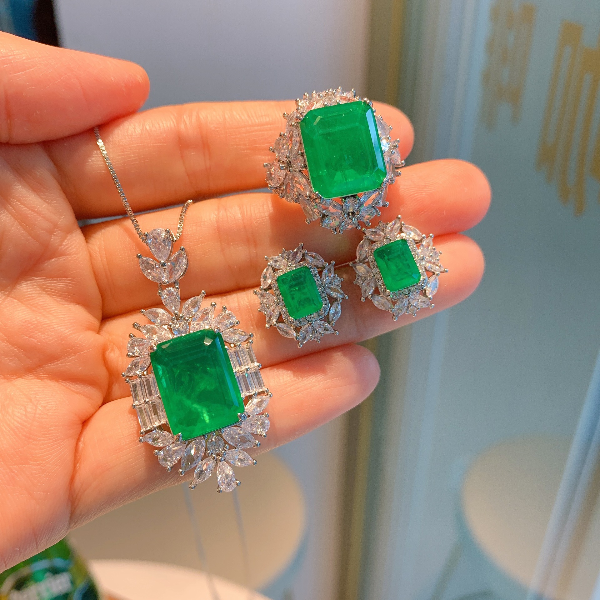Flower Emerald Diamond Jewelry set Original 925 Sterling Silver Party Wedding Rings Earrings Necklace For Women Vintage Jewelry