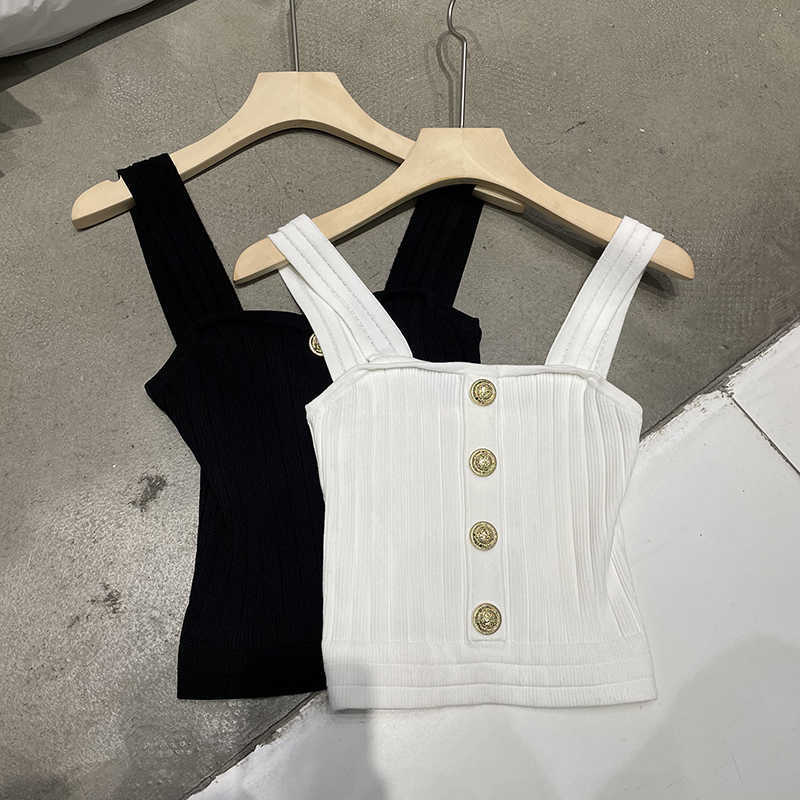 DEAT Women Elastic Knitted Rivet Suspender Bottomed Vest Sexy Solid Color Slim Fashion Spring Summer 11B141 210709