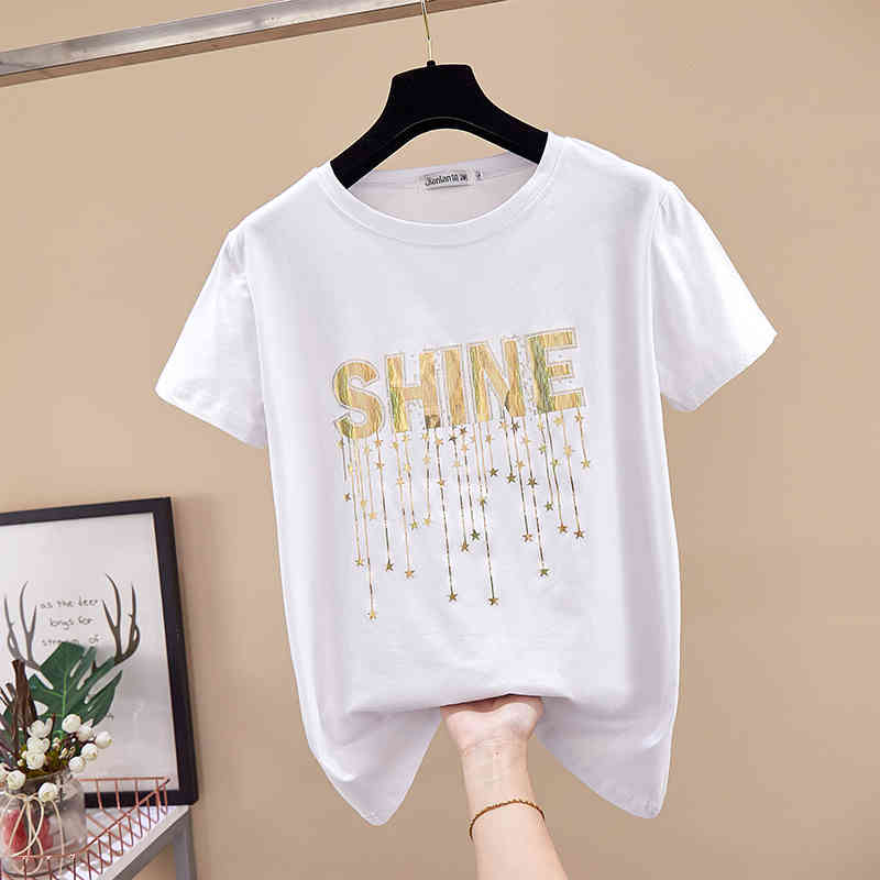 Female short-sleeve t-shirt loose large size 200g summer new women's clothing plus fertilizer to increase half-sleeve tops 210406