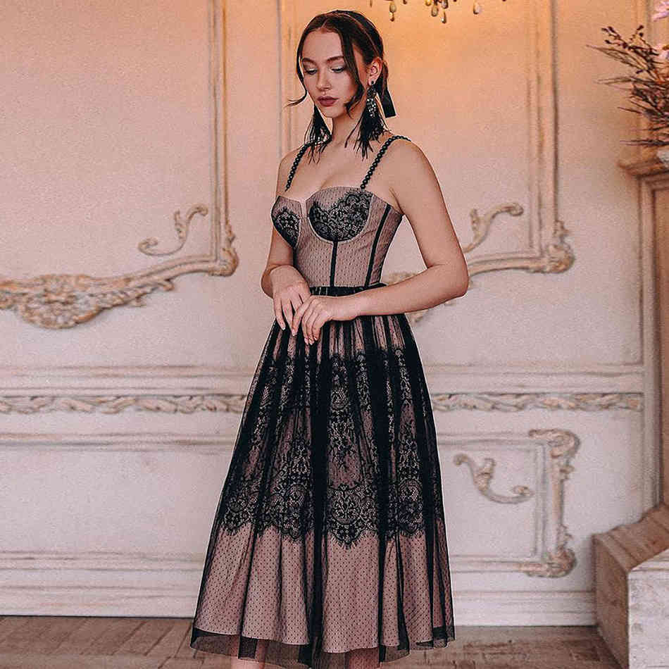 Summer Ladies Long Dress Celebrity Party Sexy Tight Skirt Spaghetti Lace Polka Dot 210525