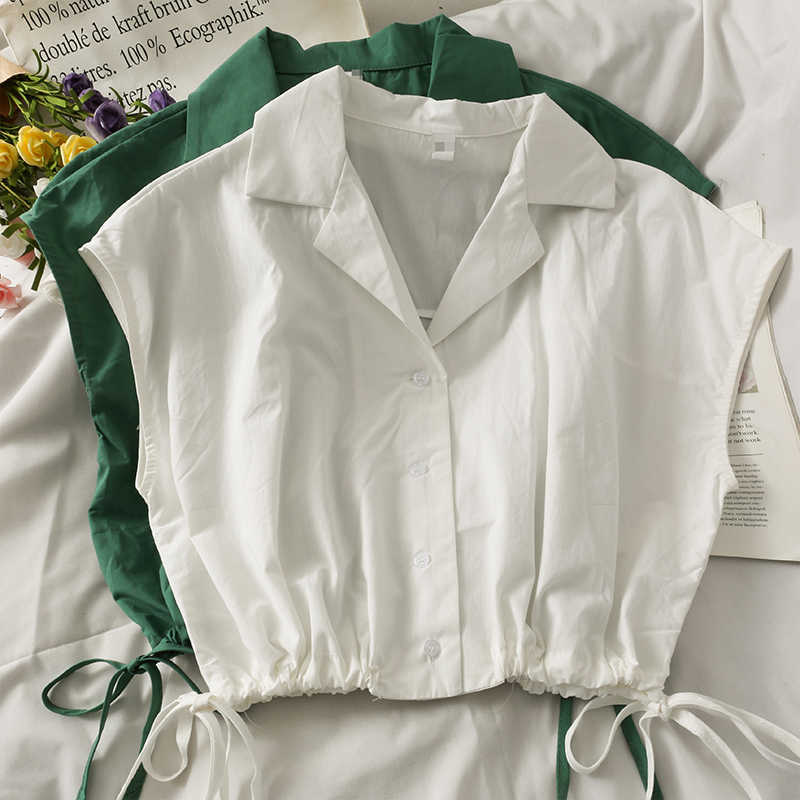 Korean Sleeveless Notched Collar Blouse Tops Drawstring Slim Waist Short Shirt Women Summer Blusas Mujer 6J661 210603