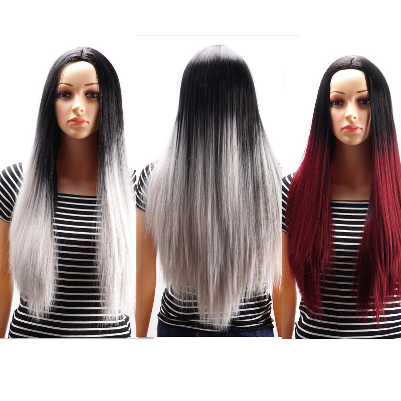 New Fashion Long Straight Ombre Gray Wine Red Synthetic wig with Middle Part women's Hair wigs for life Cosplay