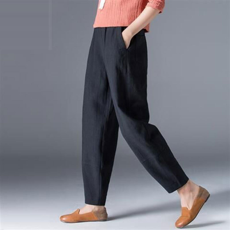 Spring Summer Women Pants Plus Size Loose Casual Harem Elastic Waist Pocket Cotton Linen Vintage Ladies Trousers D61 210512