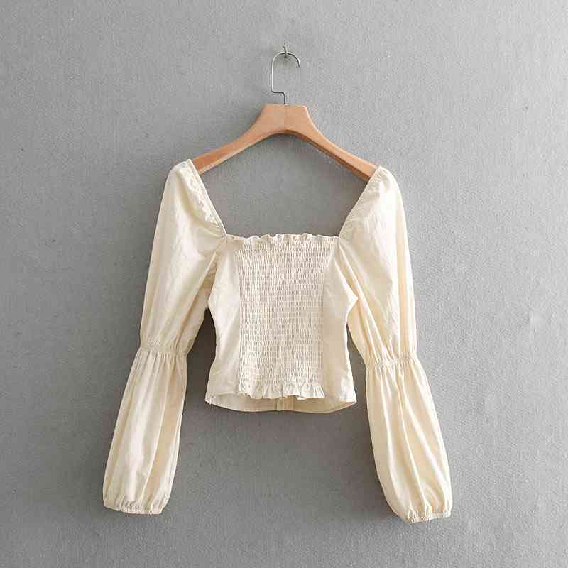 women court style square collar casual short blouse shirt retro puff sleeve elastic chic chemise blusas tops LS3273 210420