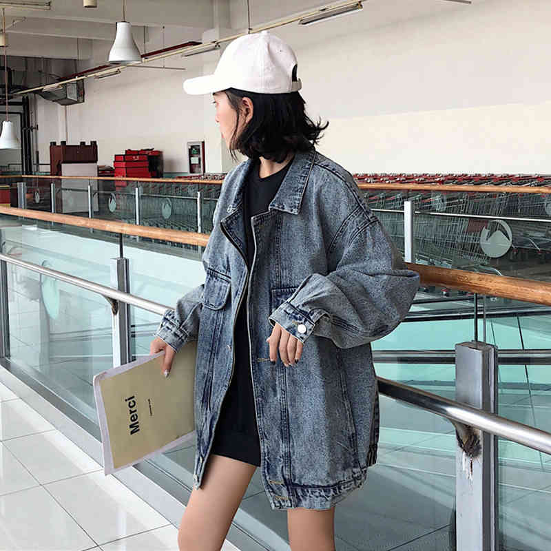 Jeans Jacket Women Oversized Long Sleeve Denim s Casual Loose Pockets Coat Female Vintage Blue Streetwear 210519