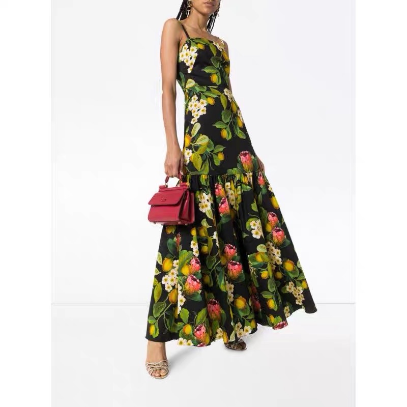 Elegant Boho A-line Camisole Sexy Dresses Women Runway Maxi Dress Vintage Summer Party Flower Printed robe femme été 210421