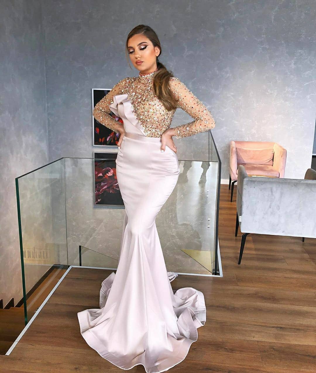 Full Beading Mermaid Prom Dresses Beaded High Neck Illusion Long Sleeve Evening Gowns African Sweep Train Party Club Wear Outfit