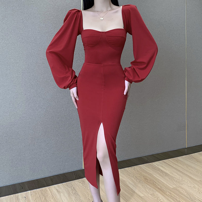 Women's Off Shoulder Split Dresses Casual Square Neck Puff Sleeve Bodycon Party Midi Autumn Elegant High Waist Slim 210522