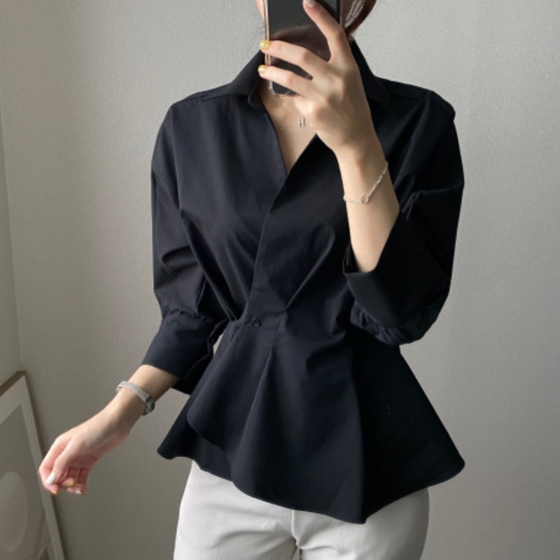 Nomikuma Chic Korean Pleated Slim Waist Women Blouse Long Sleeve Turn-down Collar Elegant Shirt Autumn New Blusa Top 6C504 210427