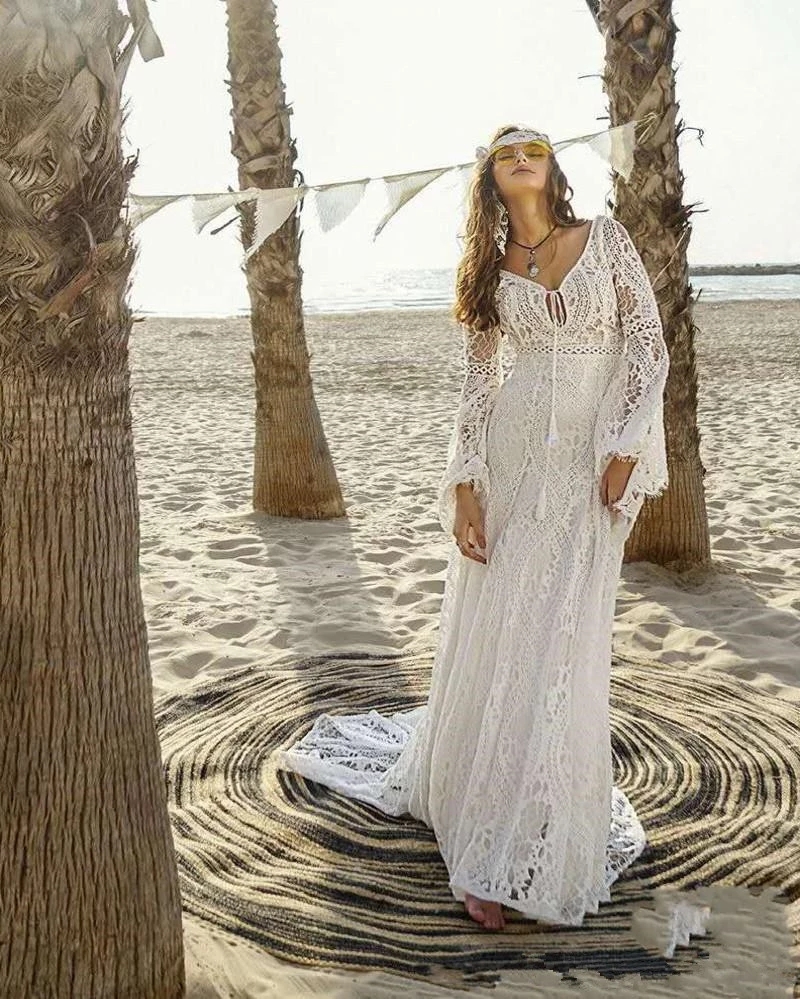 Bohemia Lace Beach Wedding Dress Vintage Long Flare Sleeve Vestido De Noiva crochet lace mermaid bridal Wedding Dresses Backless
