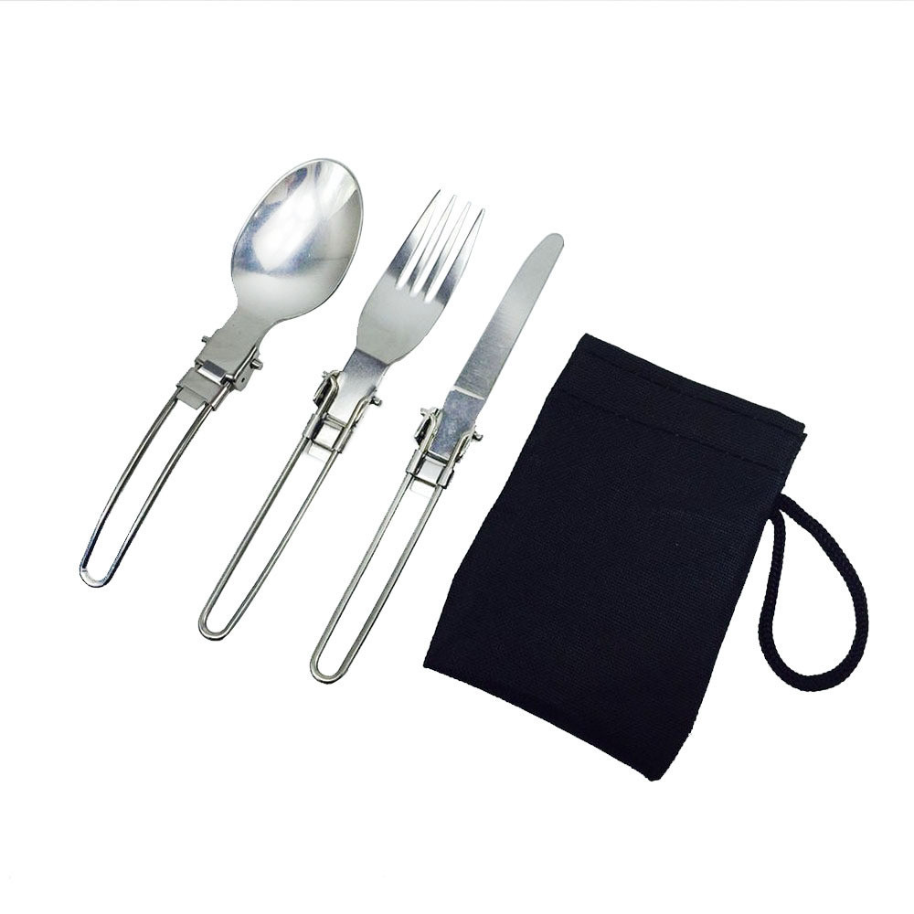 Foldable long pots knapsack stainless steel fork fold knife utensil spoon combined picnic set silverware