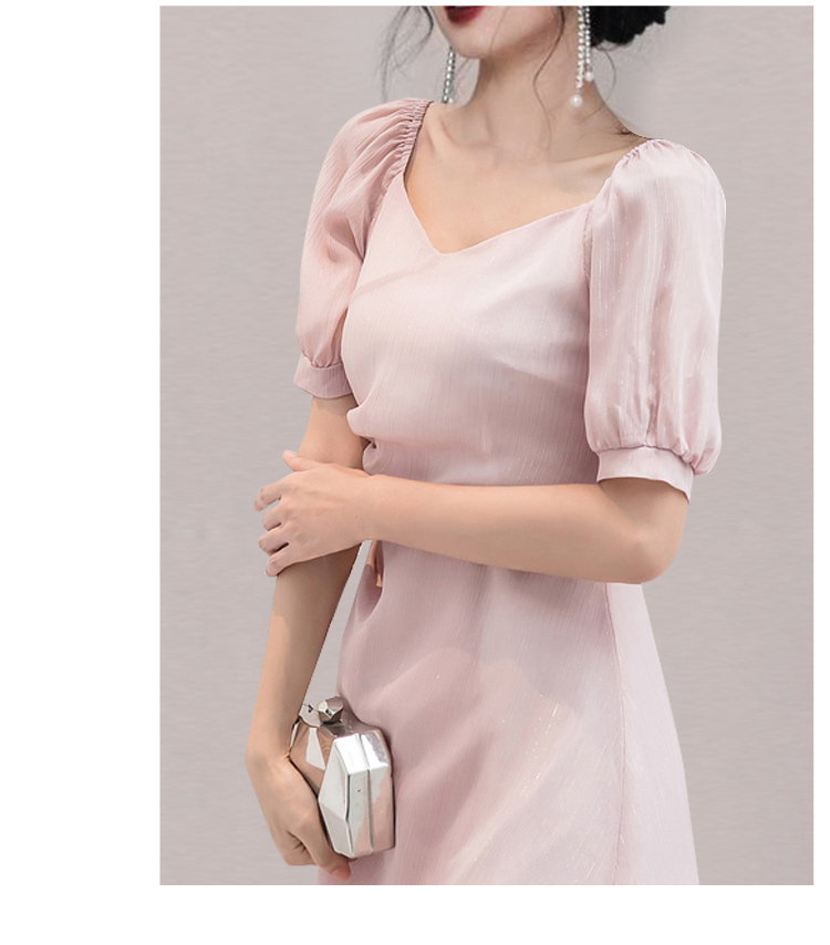 Women's Dress Summer Elegant V-Neck Puff Sleeve Chiffon Mini Dress Female Ruched Slim Waist A-Line Dress 210518