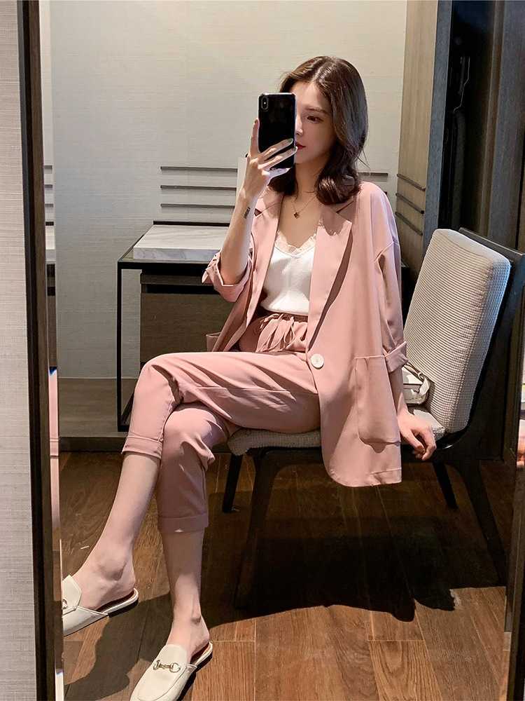 Women Plus Size Spring Summer Pants Suits Office Lady Two-Piece Set Female Casual Blazer Jacket+ Trousers Slim Fit 210930