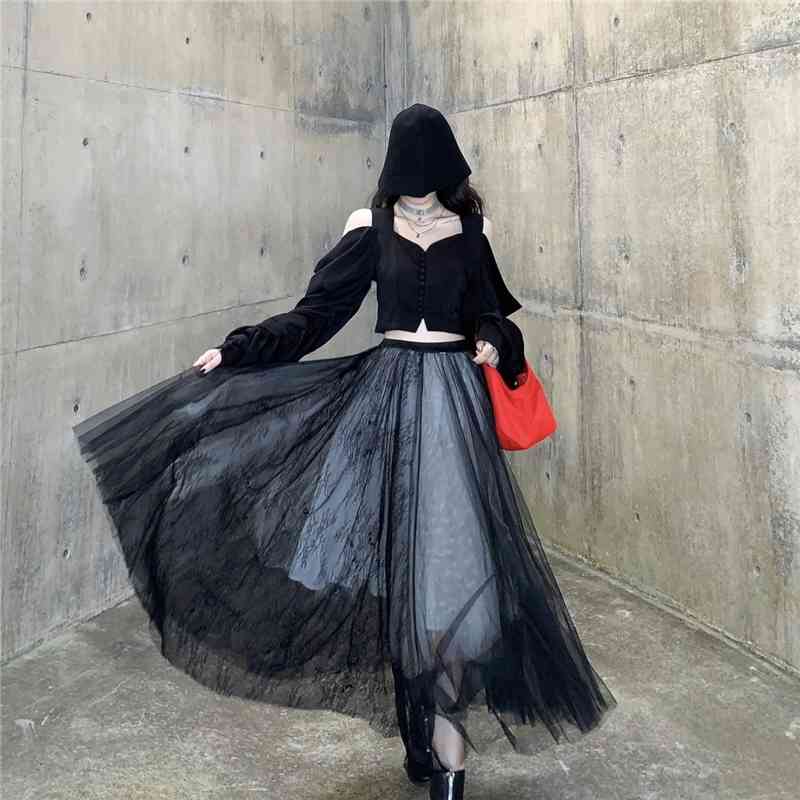 Spring High Waist Black Multilayer Mesh Temperament Long Skirt Women Fashion Elegant Casual Skirts Female 210519