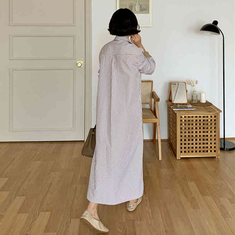 Striped Patchwork Shirt Dress Women's Summer Lapel Loose Single Breasted Long Sleeve Mid-calf Dresses 5E364 210427
