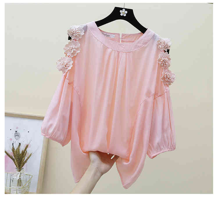 Spring and Summer Korean Loose Slim Fit Women Tops Off Shoulder Flower Embellishment Solid Chiffon Blouse 9531 210427