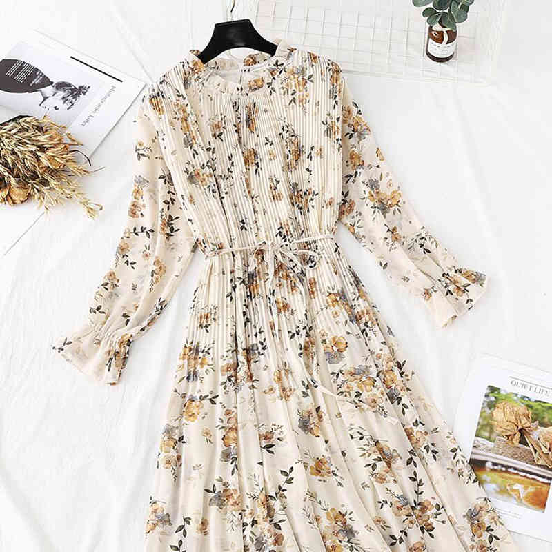 Vintage Long Sleeve Women Dress Spring Summer Floral Print Chiffon Pleated Dress Ruffled Long Dresses Plus Size Vestidos 210521