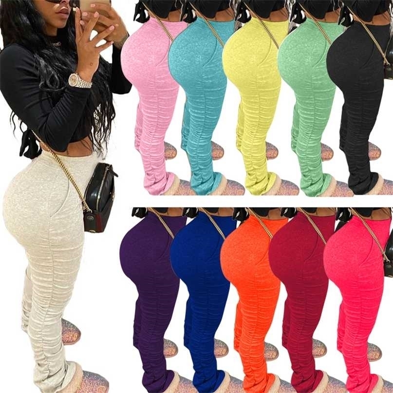 S-4XL Women Elastic Stacked Pants Leggings High Waist Flare Bell Bottom Ruched Stack Trousers Draped Jogger Sweatpants 211115