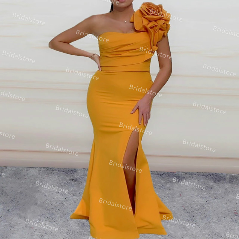 Organge One Shoulder African Evening Dresses With Handmade Flowers Side Slit Mermaid Prom Dress For Black Girls 2021 Satin robe de soirée vestidos for