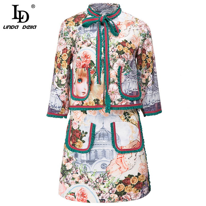 summer Vintage Fashion Sets Women's Long Sleeve Printed Blouse Tops and Vacation Short Skirt 2 Pieces Suit 210522
