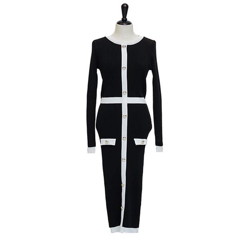 Winter Color Matching Office Elastic Knitted Dress Women Single-Breasted Long Sleeve Work Bodycon Vestidos 210520