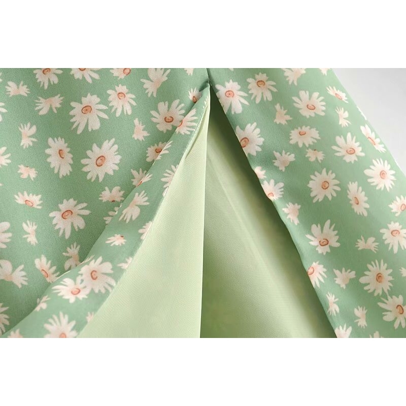 French Summer Green Flower Print Bandage Spaghetti Strap Slit Long Dress Retro Sexy Women Lacing Up Sling Dresses Vestido 210429