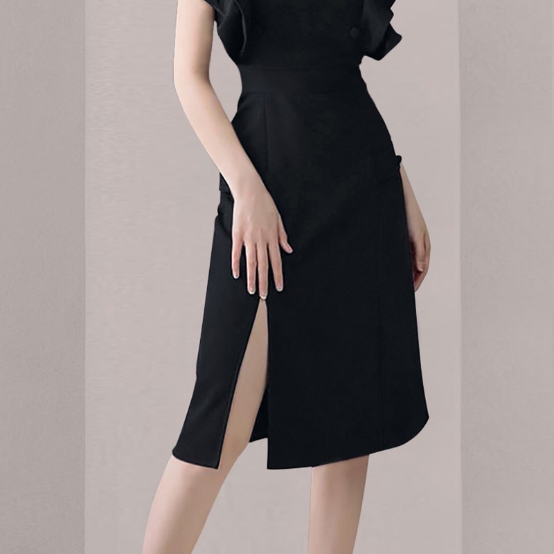 French Women Elegant Ruffles Sleeveless Vintage Square Collar Black Slim Dress Bodycon Sexy Split Party Vestidos 210519
