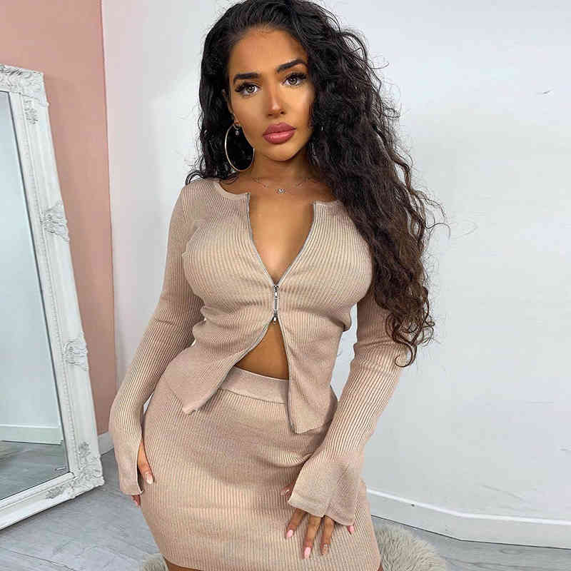 NewAsia Garden Ribbed Knit Two Piece Set Women Double Zipper Split Sleeve Casual Mini Skirt Set Sexy White Two Piece Outfits 210413