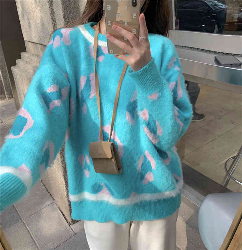 3Colors womens knitted Sweater Autumn and winter loose korean style female Leopard Sweaters and pullovers womens (C8200) 210423