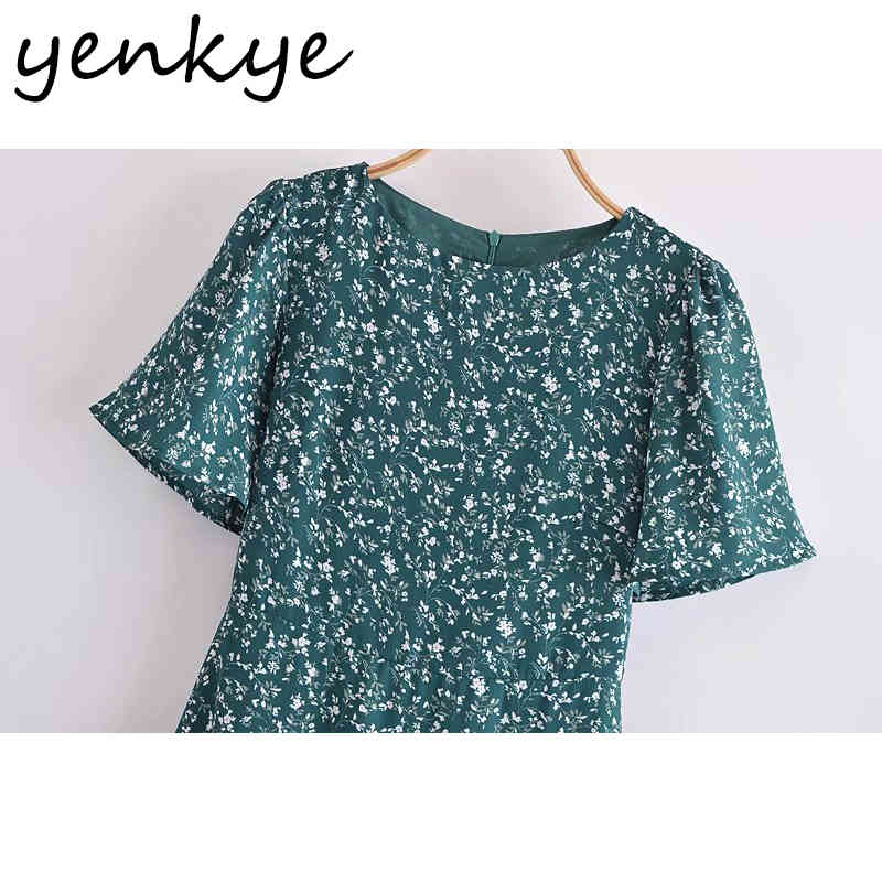 Vintage Green Floral Print Dress Women O Neck Short Sleeve A-line Holiday Summer Chiffon Ruffle Vestido 210430