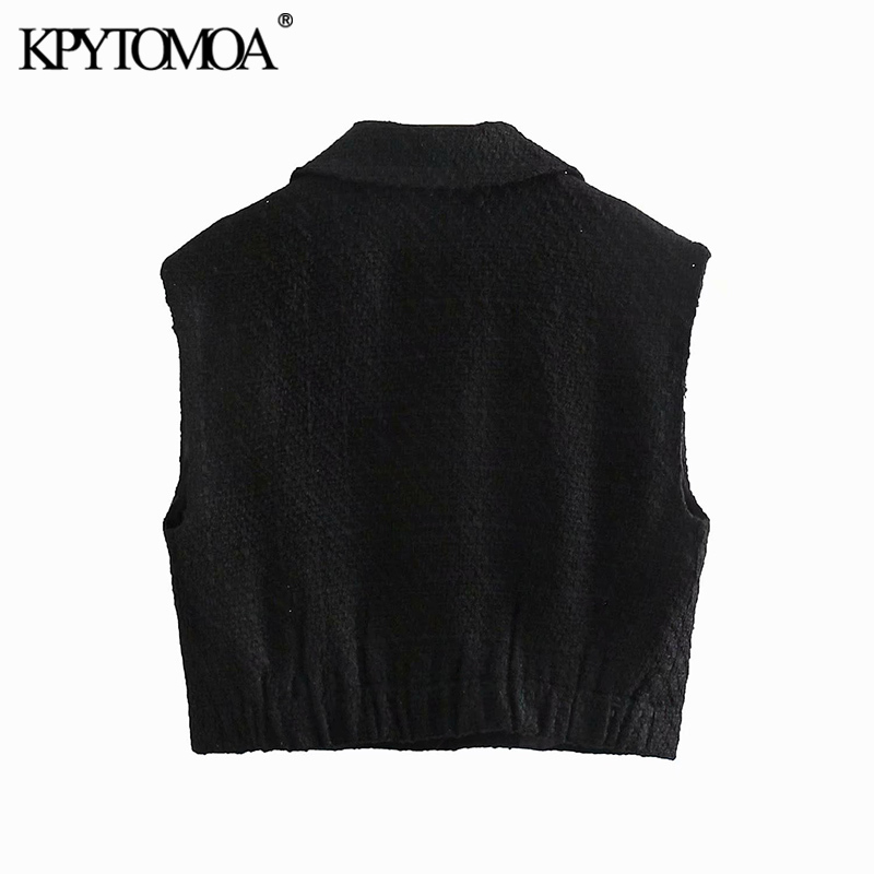 Women Fashion With Metal Buttons Tweed Cropped Waistcoat Sleeveless Elastic Hem Female Vest Coat Chic Tops 210420