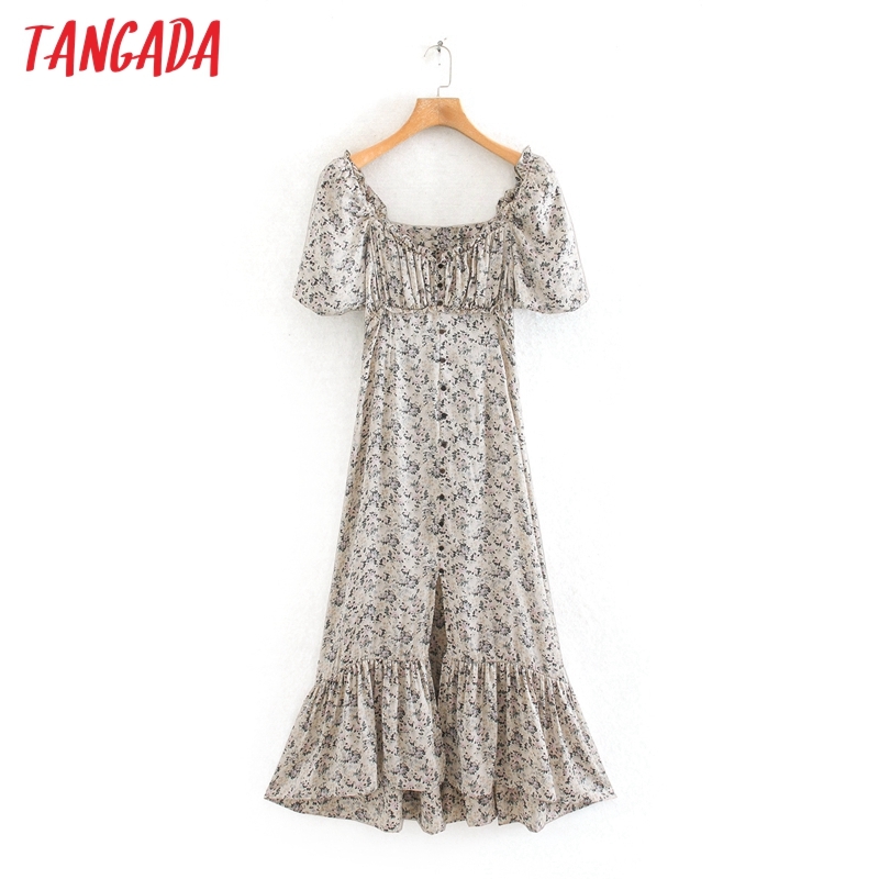 Women Chic Fashion Floral Print Pleated Midi Dress Vintage Lantern Sleeve Female Dresses Vestidos 2W96 210416
