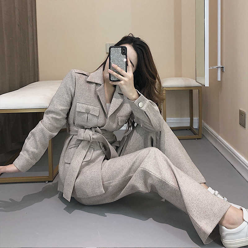 Korea Solid Color Single-breasted Woman Coat Straight Trousers Ladies Office Suit Simple Fashion Autumn Winter B519 210603
