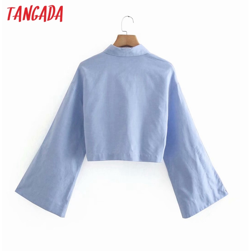 Women Blue Pocket Patch Crop Blouse Femme Split Long Sleeve Short Shirt Chic Tops XN319 210416