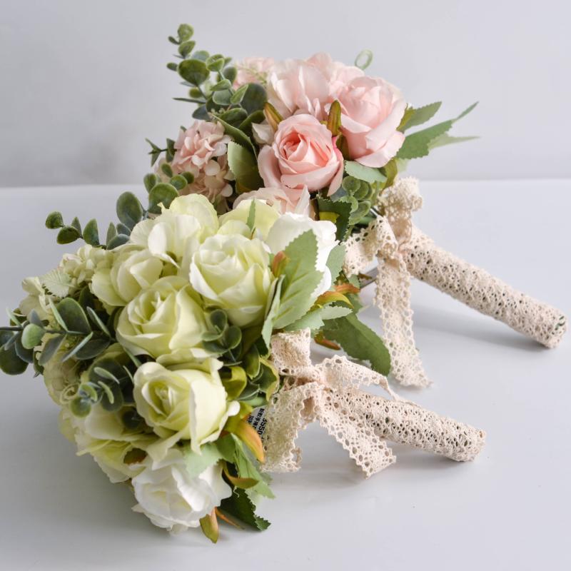 Bridal Flower Hand Bouquet Fake Roses Silk Eucalyptus Hydrangea Artificial Plants Wedding Decoration Bouquets Decorative Flowers & Wreaths