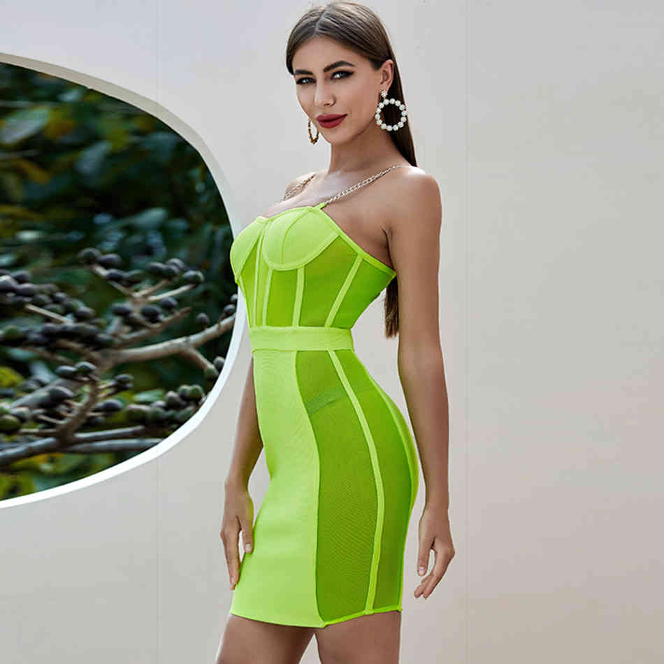 Summer Women Green Bodycon Bandage Dress Sexy Spaghetti Strap Lace Mesh Celebrity Runway Party Club Vestidos 210423