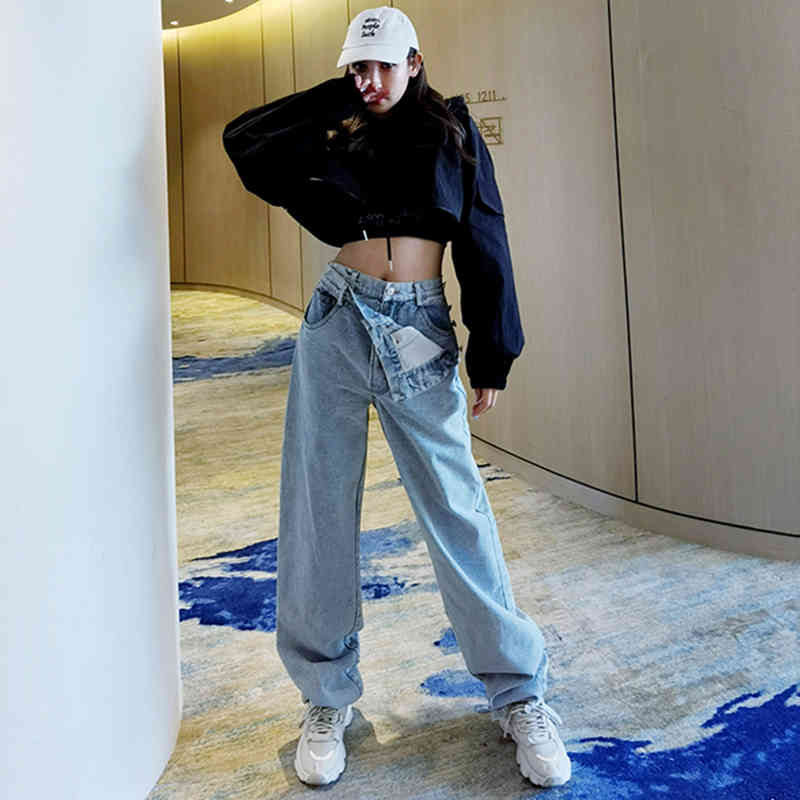 High Waist Wide Leg Blue Denim Long Asymmetrical Jeans Loose Women Trousers Fashion Spring Autumn 1DD6381 210512